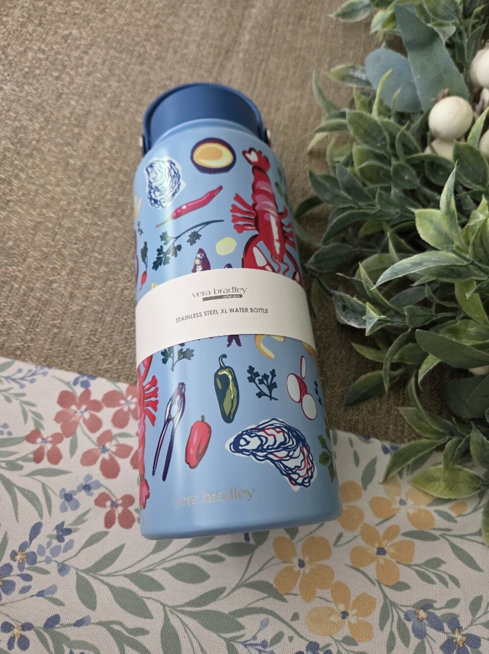 Vera Bradley Light Blue XL Stainless Steel Water Bottle with Coastal Print
